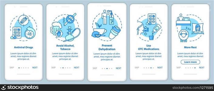 Healthy body onboarding mobile app page screen with concepts. Pharmacy. Protection from influenza walkthrough 5 steps graphic instructions. UI vector template with RGB color illustrations