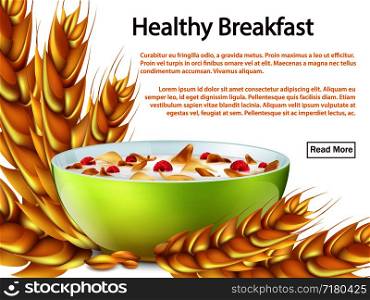 Healthy breakfast banner or background or web page vector concept with realstic objects - bowl, cereals, cornflakes illustration. Healthy breakfast banner or background vector