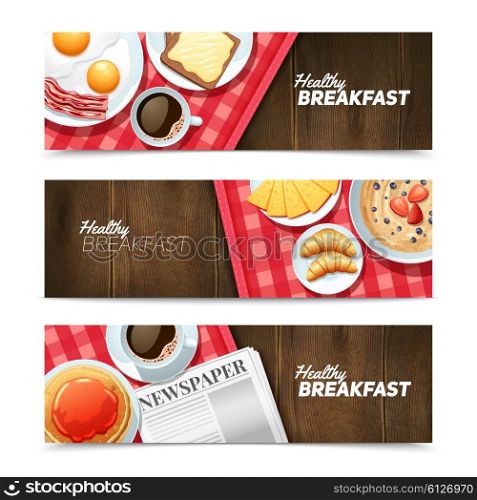 Healthy Breakfast Flat Horizontal Banners Set . Healthy breakfast 3 horizontal banners set with black coffee and fried eggs on dark wooden table vector illustration