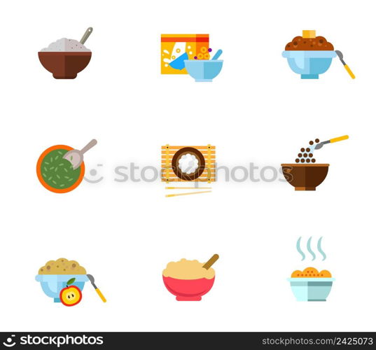 Healthy breakfast icon set. Porridge Flakes Pack Buckwheat Bowl With Seeds Rice With Chopsticks Cereal Chocolate Balls Cornflakes Oatmeal