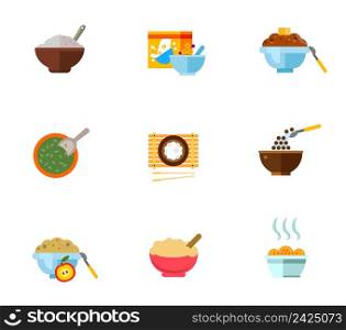 Healthy breakfast icon set. Porridge Flakes Pack Buckwheat Bowl With Seeds Rice With Chopsticks Cereal Chocolate Balls Cornflakes Oatmeal