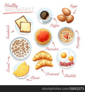 Healthy Breakfast Poster. Food poster of various tasty healthy breakfast components on white background flat vector illustration