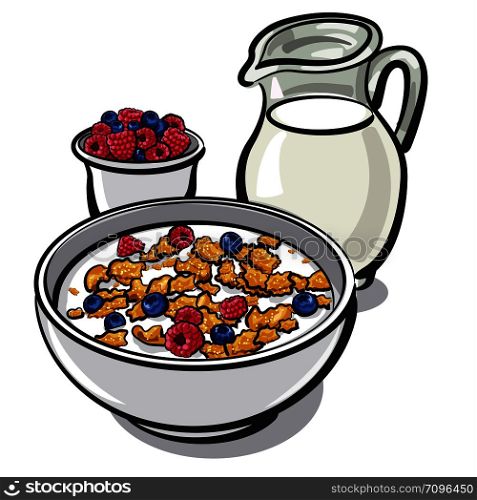 healthy breakfast with cereal and milk with berries. cereals and milk