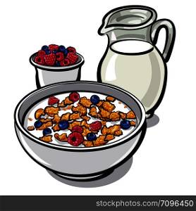 healthy breakfast with cereal and milk with berries. cereals and milk