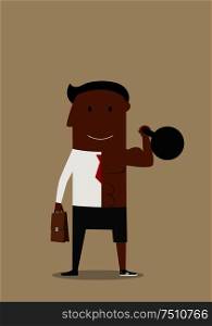 Healthy cartoon african american businessman successfully combined sports and business. Healthy lifestyle and work balance. Double businessman with kettlebell and briefcase