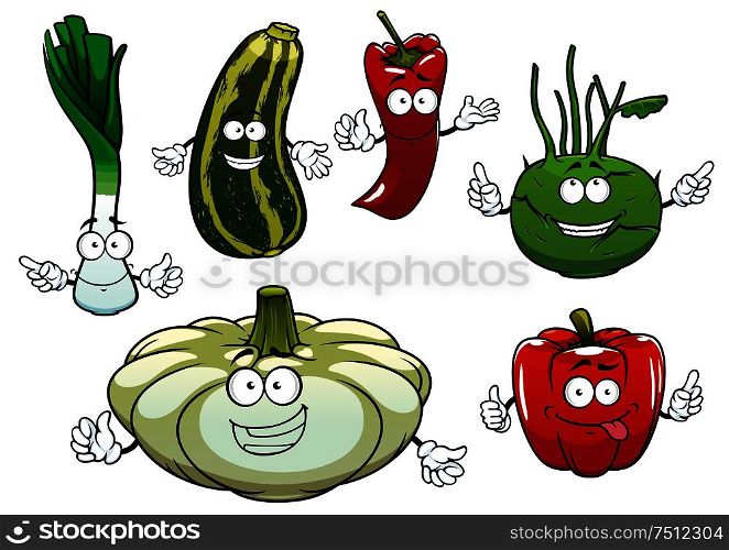 Healthy cartoon red bell and chilli peppers, green striped zucchini, onion, kohlrabi and white pattypan squash vegetable characters. For fresh vegetarian food or agriculture themes. Pepper, zucchini, kohlrabi, squash and onion