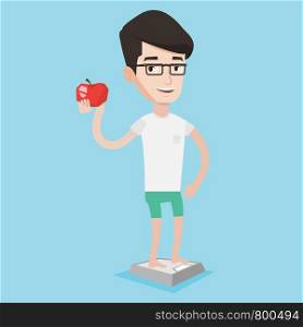 Healthy caucasian man standing on scales with apple. Man satisfied with result of his diet. Joyful man on diet. Dieting and healthy lifestyle concept. Vector flat design illustration. Square layout.. Man standing on scale and holding apple in hand.