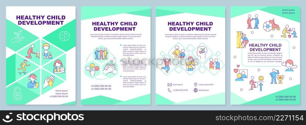 Healthy child development green brochure template. Mental wellbeing. Leaflet design with linear icons. 4 vector layouts for presentation, annual reports. Arial-Black, Myriad Pro-Regular fonts used. Healthy child development green brochure template