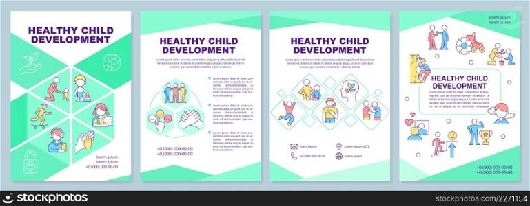 Healthy child development green brochure template. Mental wellbeing. Leaflet design with linear icons. 4 vector layouts for presentation, annual reports. Arial-Black, Myriad Pro-Regular fonts used. Healthy child development green brochure template