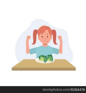healthy concpet. A young happy girl eating vegetable and got strong by showing fist strong muscle. Flat vector cartoon illustration