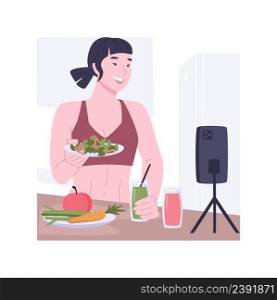 Healthy cooking blog isolated cartoon vector illustrations. Sporty girl shooting video to her organic nutrition blog, healthy cooking classes, fruits and vegetables on the table vector cartoon.. Healthy cooking blog isolated cartoon vector illustrations.