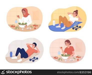 Healthy diet and exercise routine 2D vector isolated illustration set. Flat characters on cartoon background. Fitness and nutrition colorful editable scene collection for mobile, website, presentation. Healthy diet and exercise routine 2D vector isolated illustration set