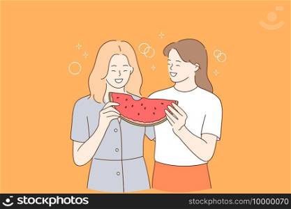 Healthy diet food and friendship concept. Two young positive girls standing and enjoying piece of ripe juicy red watermelon and laughing together outdoors vector illustration . Healthy diet food and friendship concept.