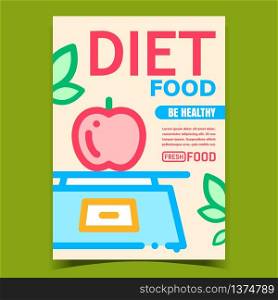 Healthy Diet Food Fruit Advertising Poster Vector. Ripe Apple Fruit On Electronic Scale And Green Leaves On Promo Creative Banner. Vitamin Nutrition Concept Template Stylish Colorful Illustration. Healthy Diet Food Fruit Advertising Poster Vector