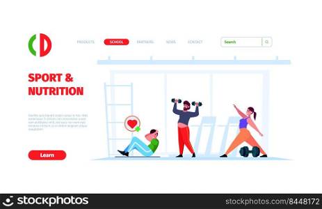 Healthy diet landing. Sport and nutritions for woman healthy lifestyle exercises for loss weight garish vector web page templates with place for text. Illustration of fitness and nutrition diet. Healthy diet landing. Sport and nutritions for woman healthy lifestyle exercises for loss weight garish vector web page templates with place for text
