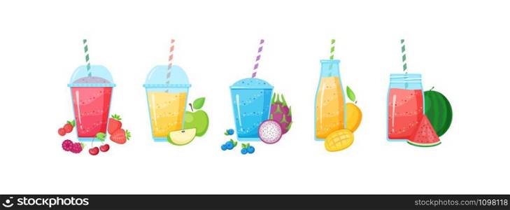 Healthy diet smoothie drink set vector illustration. Glass and bottle with straw and layered fresh cocktail in rainbow colors with collection of raw fruit smoothie banner isolated on white background. Healthy diet raw fruit smoothie drink collection