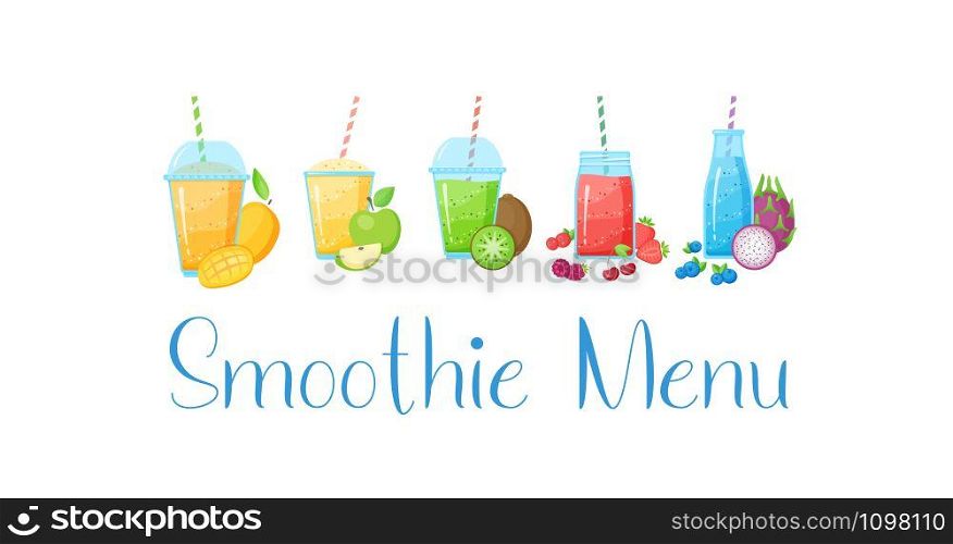 Healthy diet smoothie drink set vector illustration. Glass bottle, jar and glass isolated on white background with straw and layered fresh cocktail collection for cafe smoothie banner. Healthy diet raw fruit smoothie drink collection