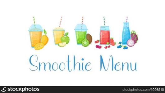 Healthy diet smoothie drink set vector illustration. Glass bottle, jar and glass isolated on white background with straw and layered fresh cocktail collection for cafe smoothie banner. Healthy diet raw fruit smoothie drink collection