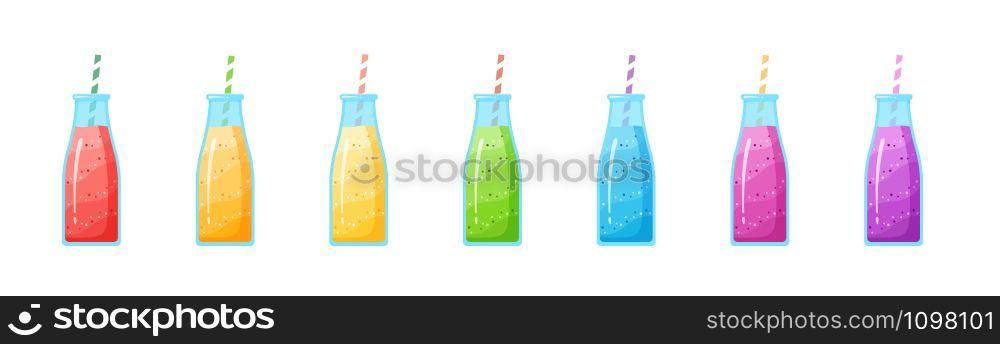 Healthy diet smoothie drink set vector illustration. Glass bottle with straw and layered fresh cocktail in rainbow colors collection isolated on white background for cafe smoothie banner. Healthy diet raw fruit smoothie drink collection