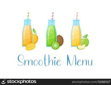 Healthy diet smoothie drink set vector illustration. Glass bottle with straw and layered fresh cocktail with collection of raw fruit, isolated on white background for cafe smoothie menu banner. Healthy diet raw fruit smoothie drink collection