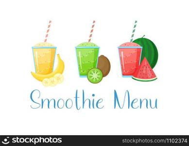 Healthy diet smoothie drink set vector illustration. Glass with straw and layered fresh cocktail in rainbow colors with collection of raw fruit isolated on white background for cafe smoothie banner. Healthy diet raw fruit smoothie drink collection