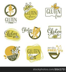 Healthy eating and dieting, healthcare and nutrition. Isolated gluten free labels with ear of wheat. Ingredients harmful for organism, provoking allergy or health problems. Vector in flat style. Gluten free products labels or emblems, dieting