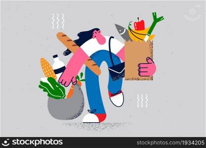 Healthy eating and feeling tired concept. Young stressed woman cartoon character carrying shopping bags full of fresh foods products ingredients feeling tired and exhausted vector illustration . Healthy eating and feeling tired concept
