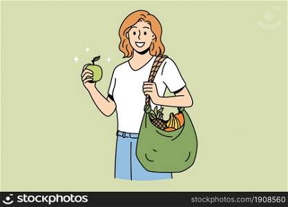 Healthy eating and lifestyle concept. Young smiling woman cartoon character standing with shopping bag full of fresh fruits after market vector illustration . Healthy eating and lifestyle concept