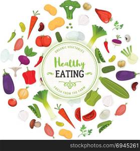 Healthy Eating And Vegetables Background. Illustration of a design healthy food banner, with various vegetables, condiments and floral decorative patterns