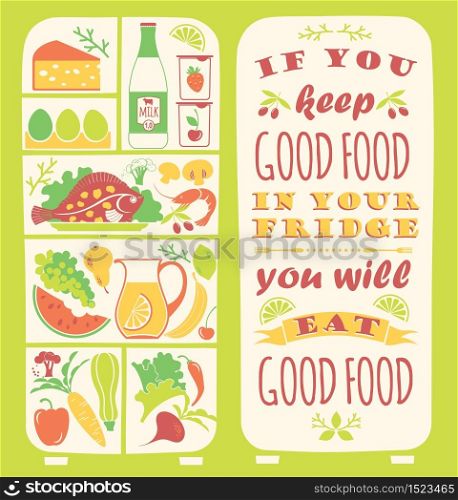 Healthy eating background with quote. Poster with typography. Vector seamless pattern with illustration of healthy food.. Healthy eating background with quote