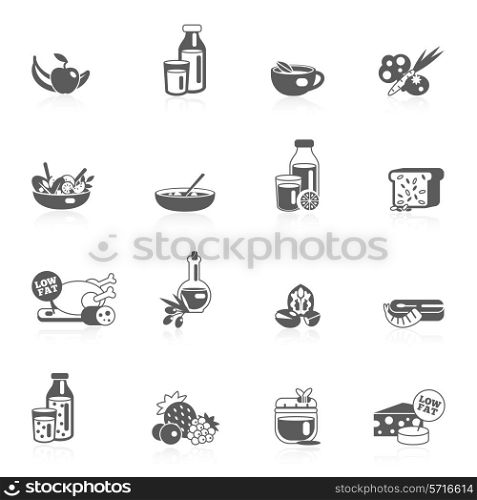 Healthy eating black icons set with fruits nuts tea vegetables isolated vector illustration