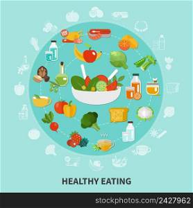 Healthy eating composition large circle composed of flat icon set of fruits and vegetables vector illustration. Healthy Eating Circle Composition