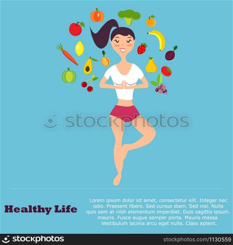 Healthy eating concept with flat images fruits, vegetables and girl doing yoga. Healthy eating concept with flat images fruits, vegetables and girl