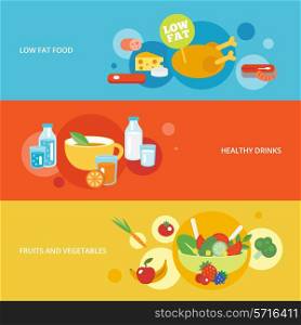Healthy eating flat banner set with fruits and vegetables drinks low fat food isolated vector illustration