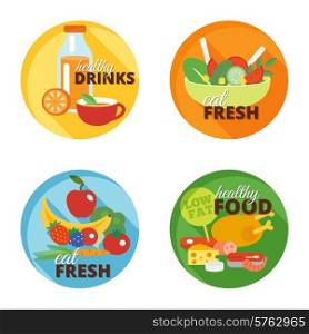 Healthy eating flat decorative icons set with drinks fresh food isolated vector illustration