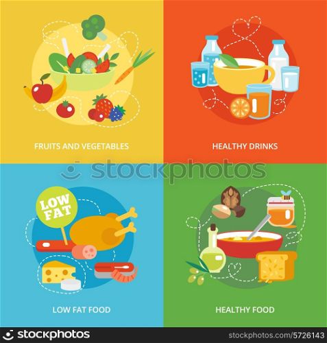 Healthy eating flat icons set with fruits and vegetables drinks low fat food isolated vector illustration
