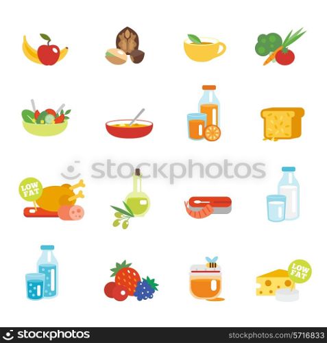Healthy eating flat icons set with fruits nuts tea vegetables isolated vector illustration