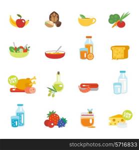 Healthy eating flat icons set with fruits nuts tea vegetables isolated vector illustration