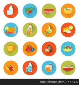 Healthy eating flat icons set with meat milk fish cheese isolated vector illustration