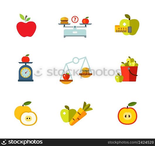Healthy eating icon set. Apple Hamburger and apple on scales Measuring tape Fruit on scales Nutrition concept Apple bucket Cut fruit Healthy eating Half fruit