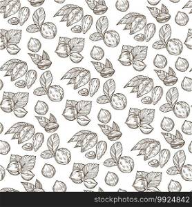 Healthy eating, nutrition and dieting seamless pattern of nuts and foliage. Plants with leaves, ingredient for desserts, dishes. Vegan or vegetarian dishes. Monochrome sketch outline, vector in flat. Nuts and leaves, nutrition and dieting seamless pattern