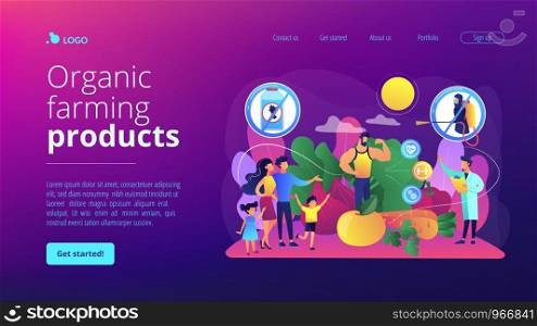 Healthy eating, vegetarian diet, eco veggies. Free from pesticide and herbicide foods, organic farming products, natural agriculture methods concept. Bright vibrant violet vector isolated illustration. Free from pesticide and herbicide foods concept landing page.
