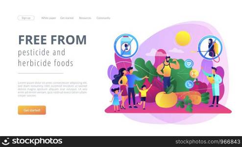 Healthy eating, vegetarian diet, eco veggies. Free from pesticide and herbicide foods, organic farming products, natural agriculture methods concept. Bright vibrant violet vector isolated illustration. Free from pesticide and herbicide foods concept landing page.