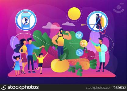 Healthy eating, vegetarian diet, eco veggies. Free from pesticide and herbicide foods, organic farming products, natural agriculture methods concept. Bright vibrant violet vector isolated illustration. Free from pesticide and herbicide foods concept vector illustration.