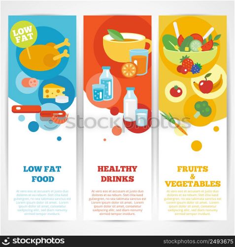 Healthy eating vertical banner set with fruits and vegetables drinks low fat food isolated vector illustration
