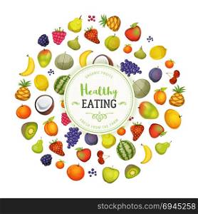Healthy Eating With Fruits Background. Illustration of a design healthy food banner, with various cartoon vegetables, condiments and floral decorative patterns