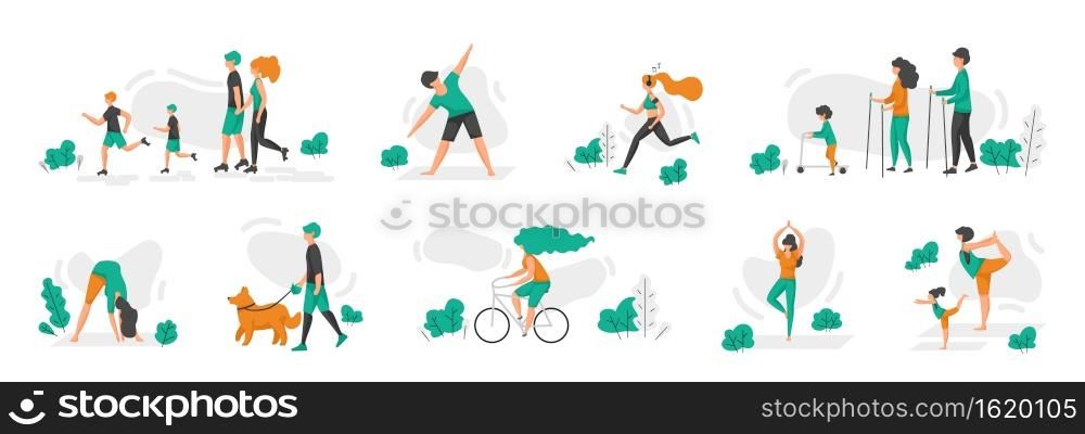 Healthy family. Cartoon people doing sport exercises. Men and women riding bicycles and scooters, running or roller skating, walking with dogs. Yoga and fitness training. Vector outdoor workout scenes. Healthy family. People doing sport exercises. Men and women riding bicycles and scooters, running or roller skating, walking with dogs. Yoga and fitness training. Vector workout scenes