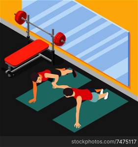 Healthy family fitness isometric poster with father teaching his son to do push ups in gym hall flat vector illustration