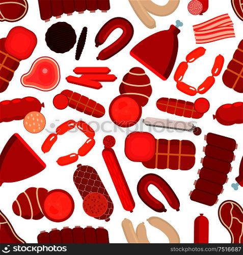 Healthy farm meat and sausages background with seamless pattern of beef steaks and pork ribs, sliced bacon and burger patties, ham and salami, pepperoni, bologna and liver sausages. Meat and sausages seamless pattern