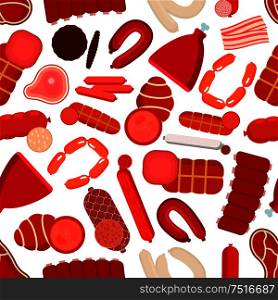 Healthy farm meat and sausages background with seamless pattern of beef steaks and pork ribs, sliced bacon and burger patties, ham and salami, pepperoni, bologna and liver sausages. Meat and sausages seamless pattern
